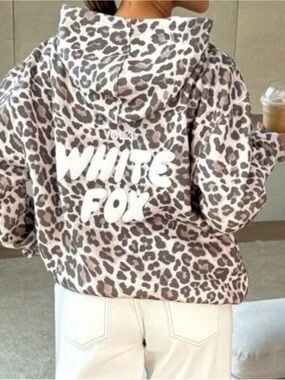 Women's Leopard Print Hooded Jacket - Taupe/White m/l